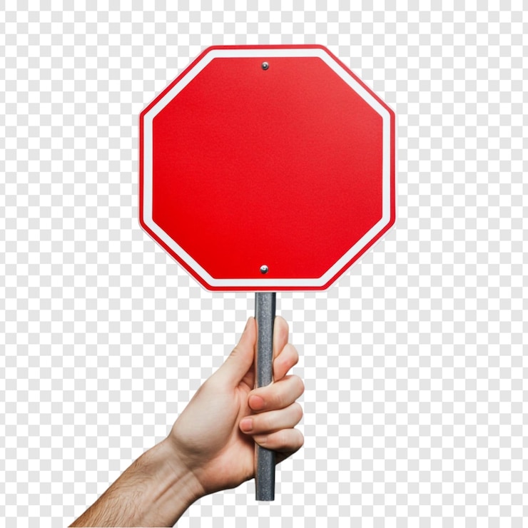 Gratis PSD blank rode achthoekige stopbord vastgehouden door een hand