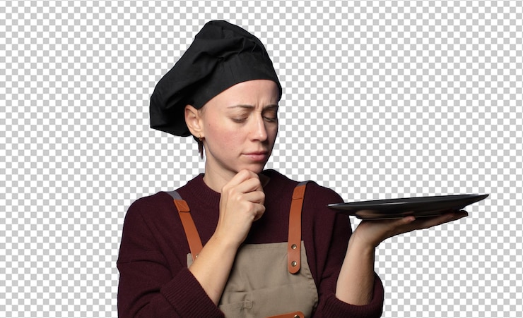 Gratis PSD blonde jonge mooie chefvrouw met een lege schotel