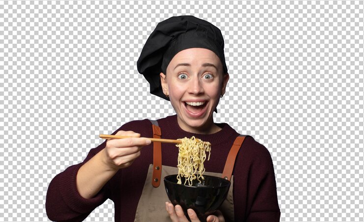 PSD Gratis blonde young pretty chef woman with a ramen bowl