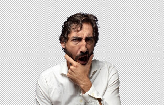 con la boca y los ojos bien abiertos y la mano en la barbilla sintiéndose desagradablemente conmocionado diciendo qué o wow