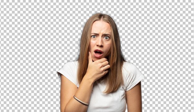 con la boca y los ojos bien abiertos y la mano en la barbilla sintiéndose desagradablemente conmocionado diciendo qué o wow