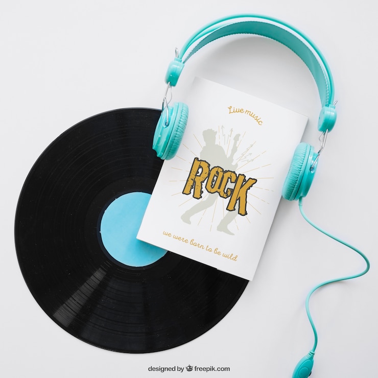 Gratis PSD boekomslagsjabloon met vinyl en koptelefoon
