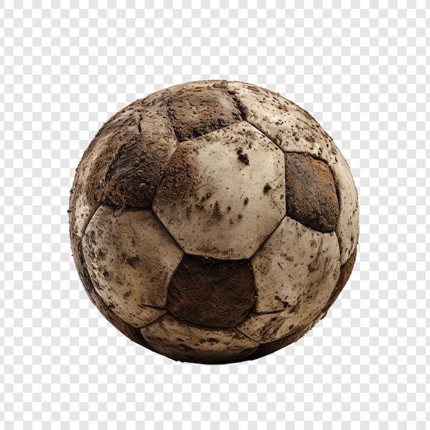 Bola de fútbol cubierta de tierra aislada sobre un fondo transparente