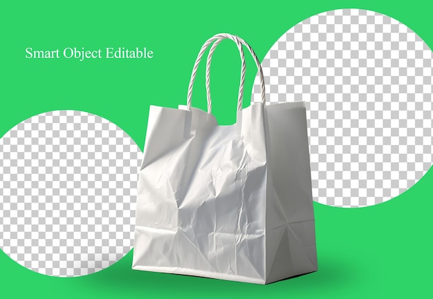 Bolsa de compras de papel blanco en blanco con mangos de cuerda en fondo verde