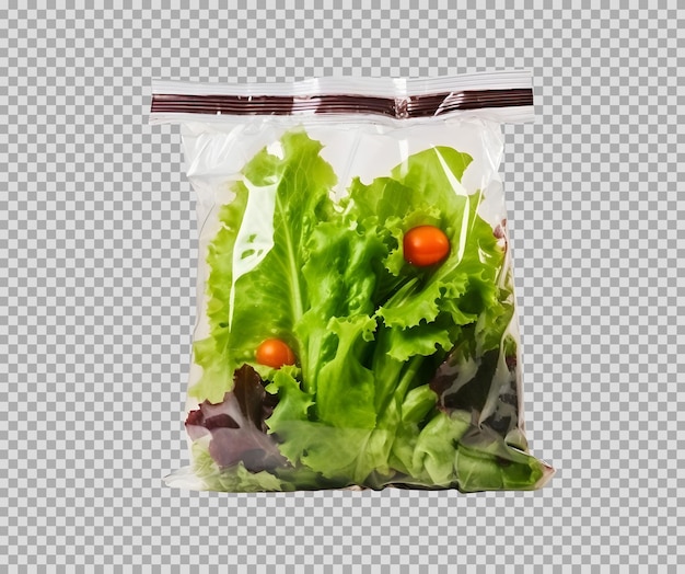 Bolsa de vacío transparente de plástico con ensalada fresca aislado sobre fondo