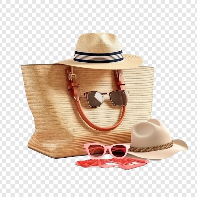 PSD gratuito bolso de playa elegante con accesorios aislados sobre un fondo transparente