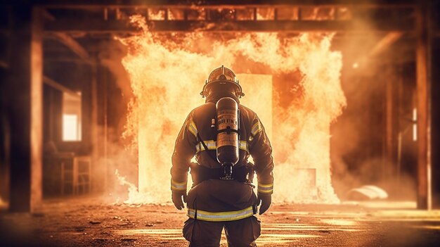 El bombero trabaja en el edificio en llamas bombero en la IA generativa de fondo de llama