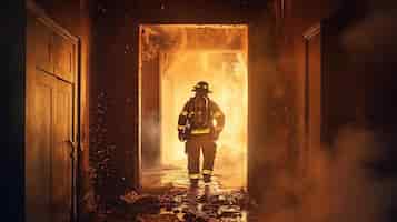 PSD gratuito un bombero trabaja en un incendio un bombero camina dentro de un edificio en llamas ia generativa