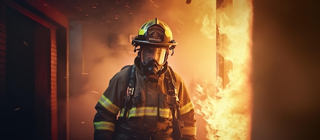 Un bombero trabaja en un incendio Un bombero camina dentro de un edificio en llamas IA generativa