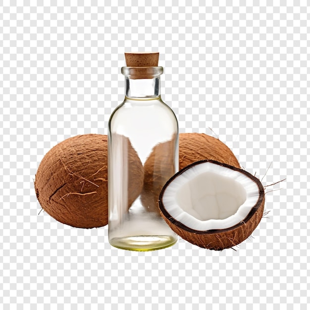 Botella de aceite de coco aislada sobre un fondo transparente