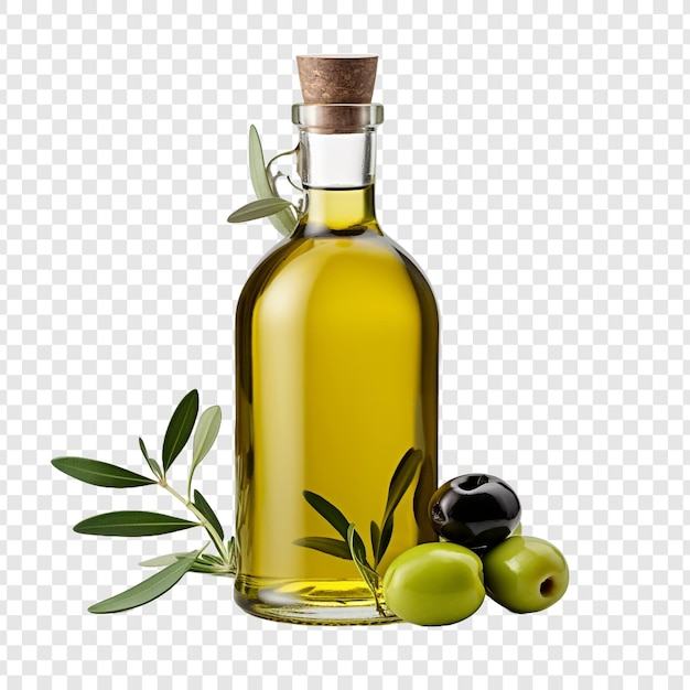 Botella de aceite de oliva aislada sobre un fondo transparente