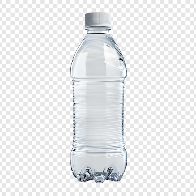 Una botella de agua de plástico transparente sobre un fondo transparente