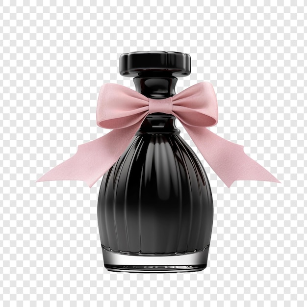 PSD gratuito botella de perfume de vidrio negro y cinta rosa aislada sobre un fondo transparente