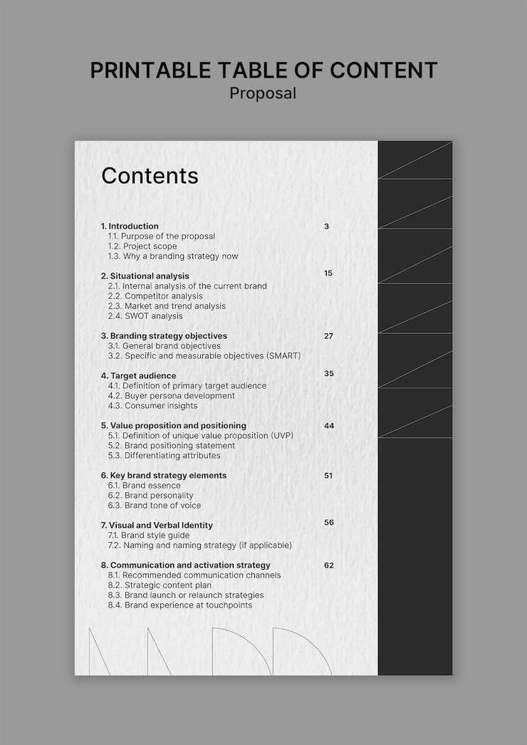 PSD gratuito branding proposal table of contents template