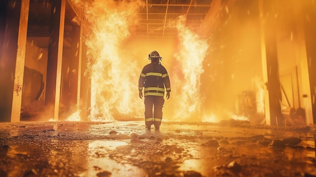 Brandweerman werkt in brandend gebouw brandweerman op vlam achtergrond generatieve ai