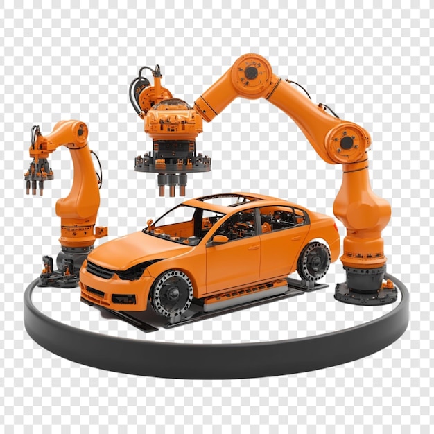 Los brazos robóticos naranjas ensamblan un coche naranja tecnología de producción automotriz futurista