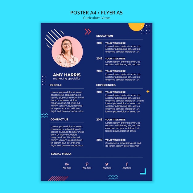 Briefpapier curriculum vitae van nieuwe werknemer in blauw design