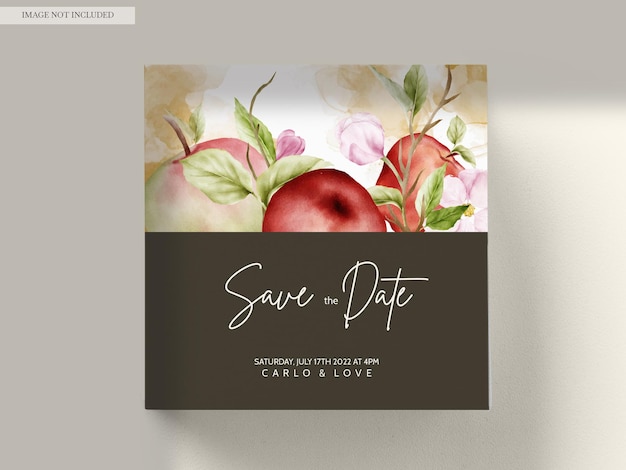 Gratis PSD bruiloft uitnodiging sjabloon set met aquarel appel fruit en bloemendecoratie