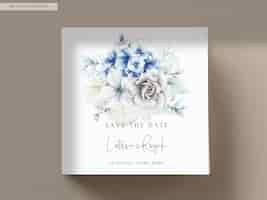 Gratis PSD bruiloft uitnodigingskaart met blauwe en grijze bloemen
