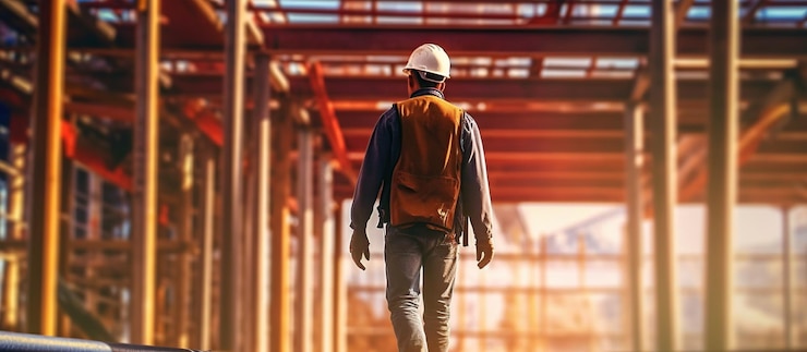 PSD Gratis builder carries a steel beam on his shoulder generative ai