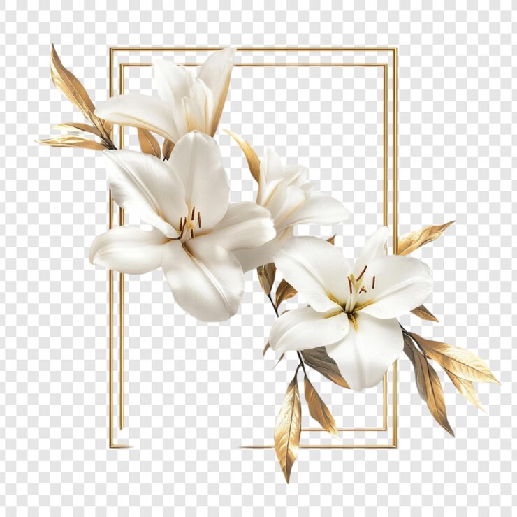 PSD Gratis bunga lili putih elegan dalam bingkai emas desain floral mewah