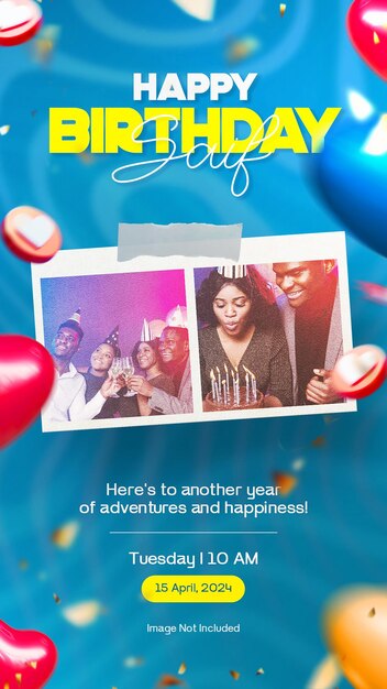 Buon compleanno Instagram storia modello con decorazione di palloncino e cornice fotografica