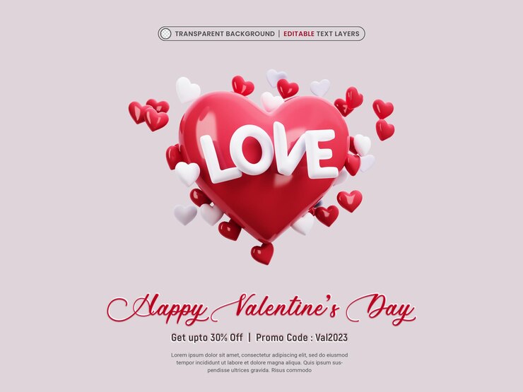PSD gratuito buon san valentino con modello di cuori 3d