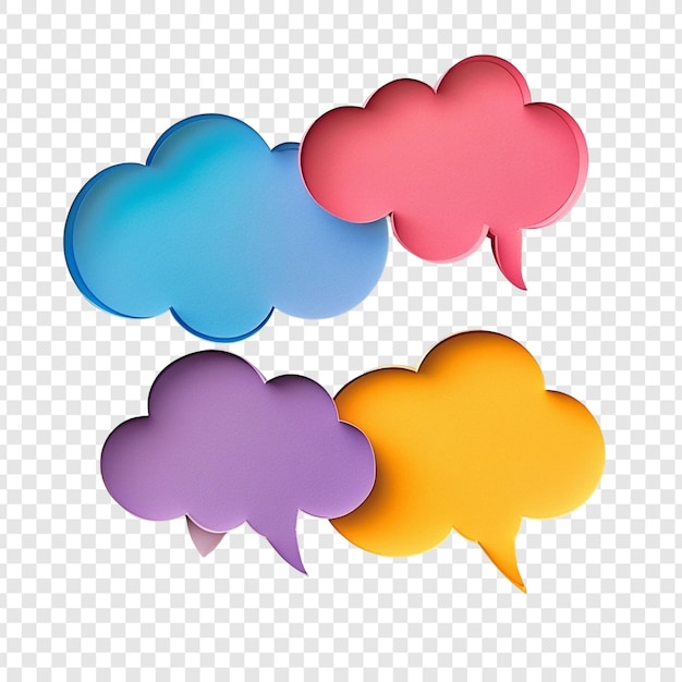 Burbujas de habla coloridas Una ilustración vibrante de cuatro burbujas de voz de colores únicos diseñadas en forma de nube perfectas para conceptos de comunicación y diálogo