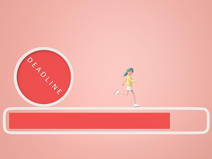 PSD Gratis businesswoman running away from deadline that is rolling down to her