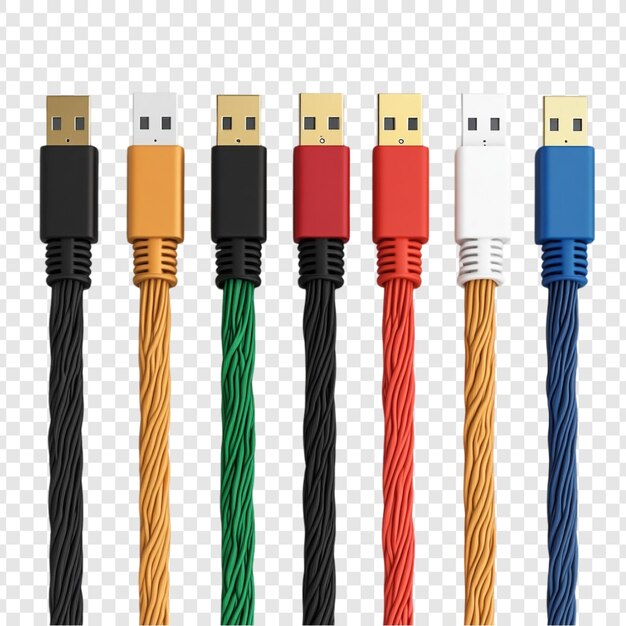 Cables USB coloridos Una vibrante colección de cables USB retorcidos en varios colores que muestran diversas opciones de conectividad para dispositivos digitales