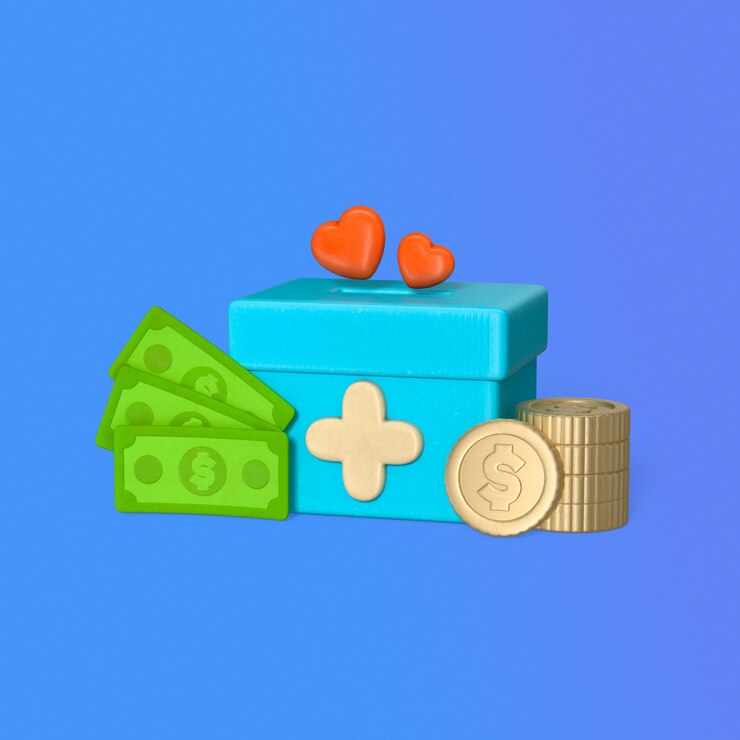 PSD gratuito caja de caridad con corazones, dinero y monedas.