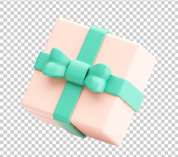 Caja de regalo pastel 3D con cinta verde menta sobre un fondo transparente