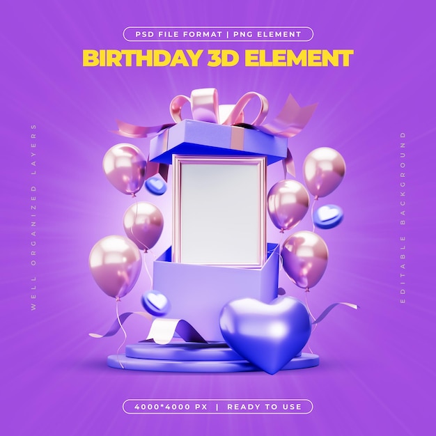 PSD gratuito caja de regalo sorpresa de cumpleaños y marco de retrato elementos 3d medios sociales aislados