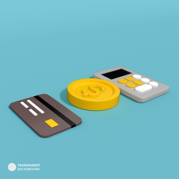 Calculadora con tarjeta y moneda icon 3d render ilustración