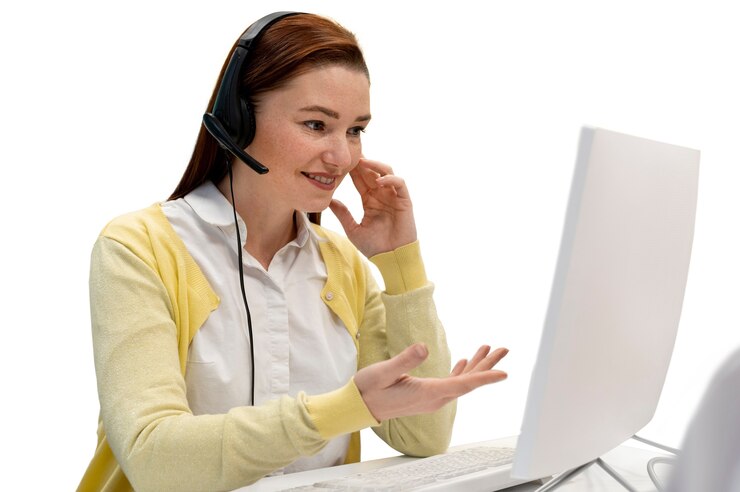 PSD Gratis call center worker at desk
