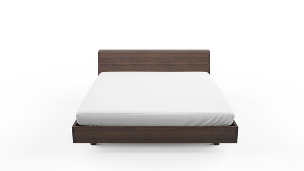 Cama doble con estructura de madera y colchón blanco, aislado