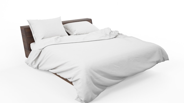 Cama doble con ropa de cama blanca aislada