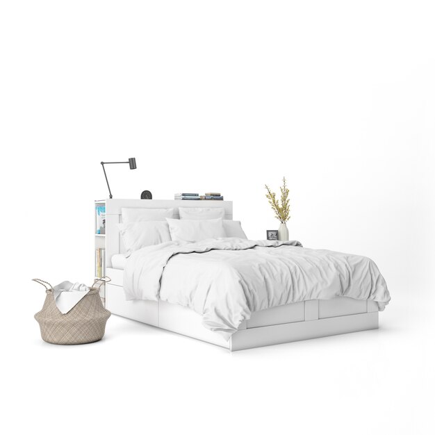 Cama con maqueta de sábanas blancas y elementos decorativos.