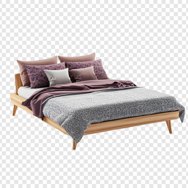 Cama moderna de madera con ropa de cama púrpura y gris