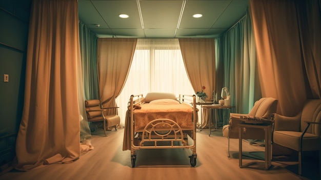 PSD gratuito cama con ruedas detrás de cortinas de privacidad en una clínica médica ia generativa