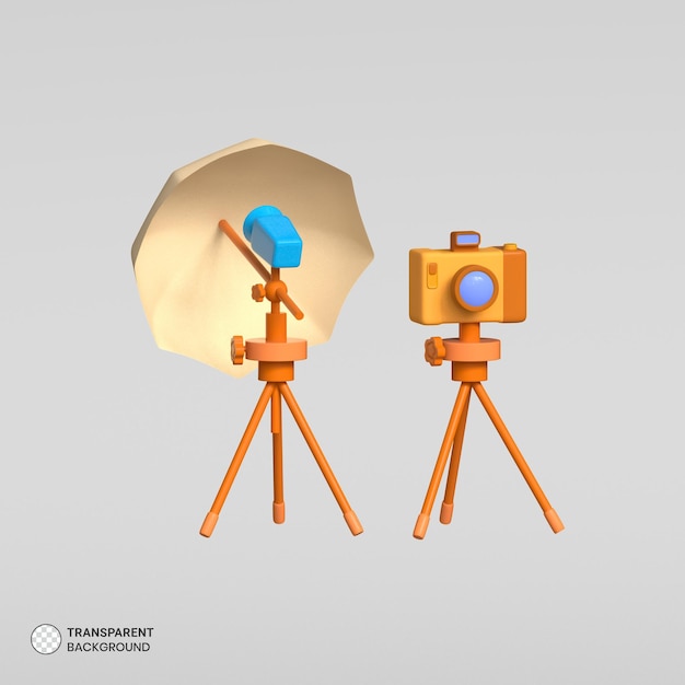 Cámara digital y configuración de luz de estudio Icono aislado 3d render Ilustración