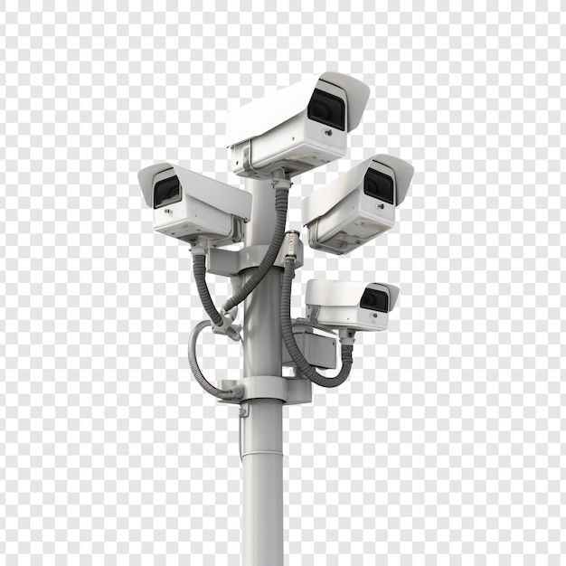 Cámaras de cctv en postes aislados en un entorno tecnológico aislado en un fondo transparente