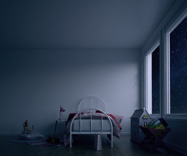 Camera per bambini con letto e giocattoli di notte