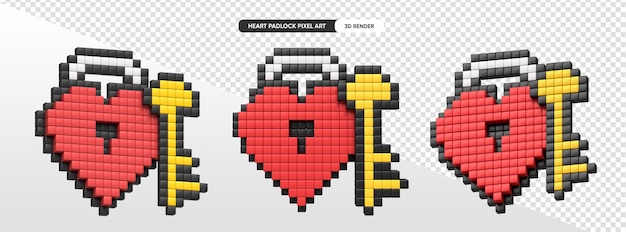 PSD gratuito candado en forma de corazón con llave en 3d render pixel art