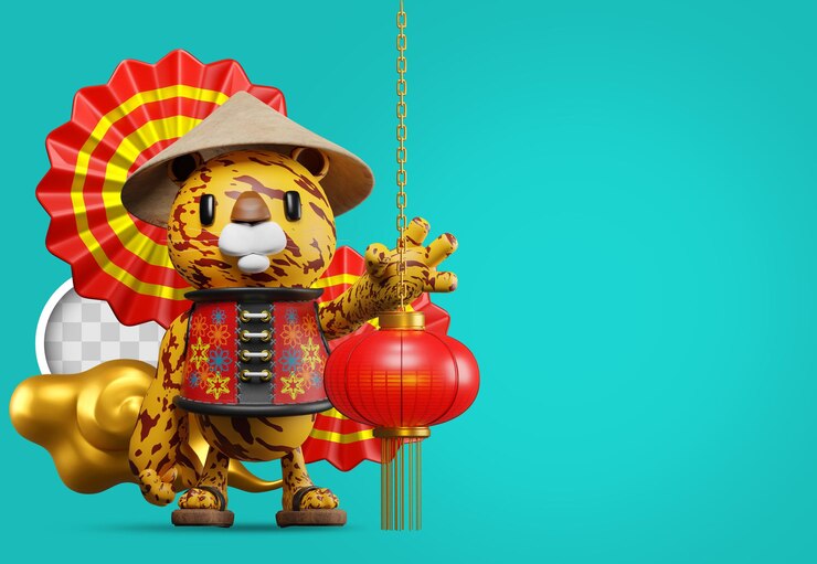 PSD gratuito capodanno cinese della tigre sfondo con decorazioni. illustrazione 3d