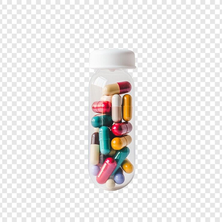 PSD gratuito capsule colorate in una bottiglia trasparente