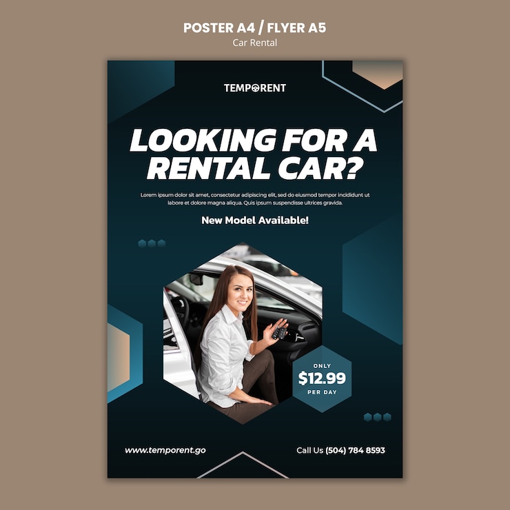 PSD Gratis car rental vertical poster template with hexagonal shapes