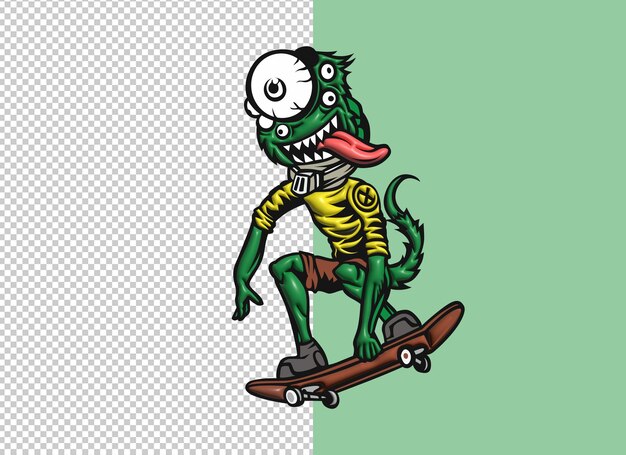 Una caricatura de un monstruo verde en una patineta.