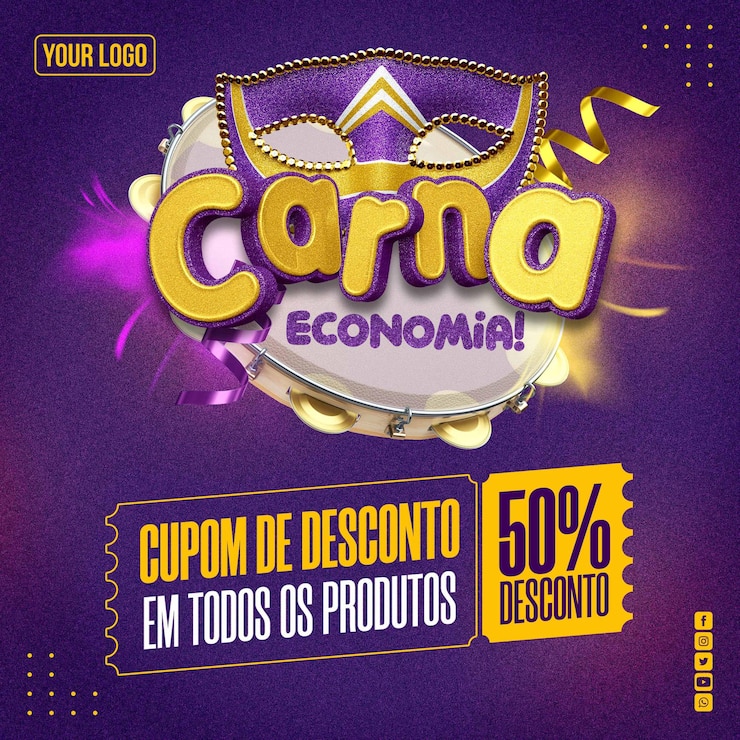 PSD gratuito carnevale dell'economia dei feed dei social media con 50 coupon di sconto