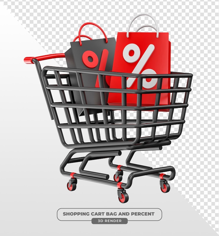 PSD gratuito carrello della spesa con borse della spesa e simbolo percentuale in 3d render con sfondo trasparente